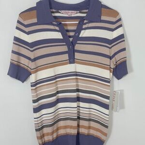 Willow Drive Striped Knit Polo Top Short Sleeve Button Lightweight Lavender S